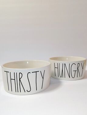 Set Of 2 Rae Dunn Artisan Collection Ceramic Dog Bowls 'Hungry' 'Thirsty' NWOT